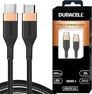 Duracell Type-C To Micro 1.2M Braided Sync & Charge Cable, USB C To Micro Fast Charge Data Cables Compatible For Fast Data Transmission (Black)