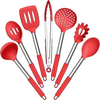 E-far Silicone Cooking Utensils Set, 7 Pcs Heat Resistant Kitchen Utensils with Stainless Steel Handle, Slotted Turner, Spoon, Soup Ladle, Pasta Server, Skimmer, Tongs for Nonstick Cookware, Red