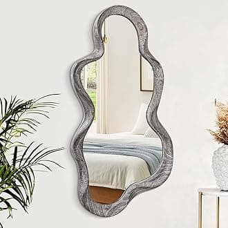 Asymmetrical Cloud Wavy Mirror, Modern Wood Frame, Unique Artistic Decor for Cloakroom, Bedroom, Living Room, Bathroom, Entryway, White, 30"L x 14"W