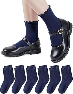 HONGTEYA 6 Pairs Girls White Ruffle Socks School Uniform Dress Socks for Kids Seamless Crew Ankle Cotton Size 4-14 Years
