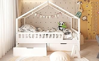 DONEWELL Kids Single Bed Frame - White House-Shaped Bed with Underbed Storage Drawers Mattress Size:90x190cm(Mattress Not Included)