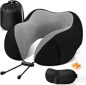THMINS Black Travel Pillow,For Airplane,Neck Pillow for Travel,Neck Support Comfortable & Breathable Cover, Airplane Travel Kit with 3D Contoured Eye Masks