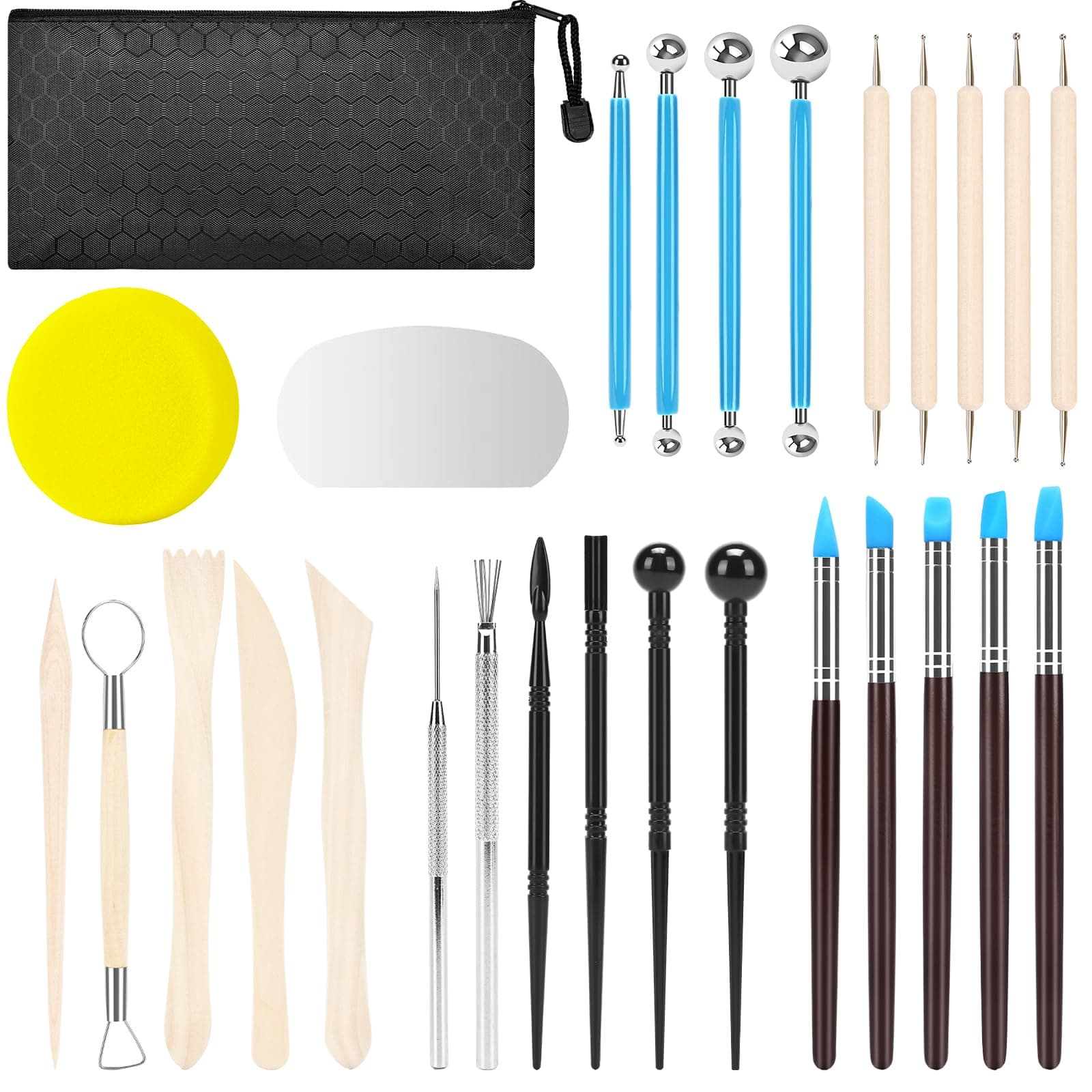 JRKOO Clay Tools Kit,28 PCS Pottery Tools, Polymer Clay Sculpting Tools Kit,Air Dry Clay Tools Set for Kids, Adults,Pottery Craft,Drawing,Dotting,Carving,Molding,Baking,Modeling,Shaping