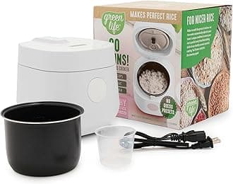 GreenLife 4-Cup Digital Rice Cooker, PFAS & PFOA-Free Removable Ceramic Dishwasher Safe Pot, Healthy Cooking Oats Grains & More, Auto Presets, Touch-screen, Delay & Keep Warm, Paddle Included, White