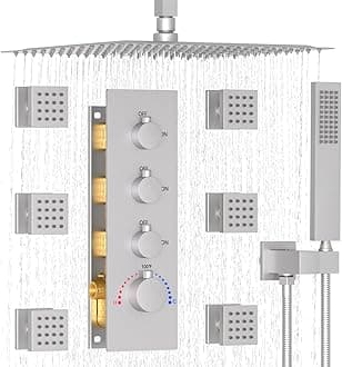 Enga 16inch Thermostatic Rain Shower System with Body Spray Jets Ceiling Mount Shower Faucet Set with Valve, Use All Functions Together or Separately, Brushed Nickel