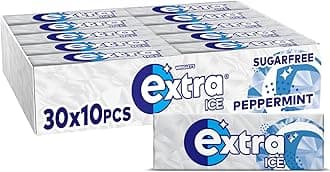 Wrigley's Extra Ice Chewing Gum, Ice Peppermint Flavour with Microgranules, 30 Packs of 10 Pieces, Sugar Free Bulk Pack Gum with Xylitol (300 pieces).