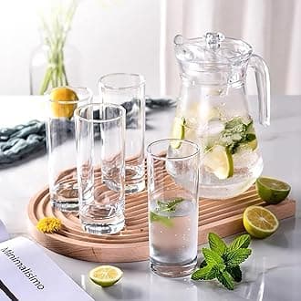 bellemax Italian Premium Water and Juice Glasses Set of 6 and Jug Set Combo,(6 Pieces Glasses 350ML and 1 Water Juice Jug 1.6 Liter), Transparent, Glass and Jug Set (Round)