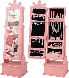 Costzon Kids Jewelry Armoire Cabinet, 45” Standing Jewelry Organizer with Full-Length Mirror, 3 Storage Drawers, Kids Vanity Dress Up Mirror Jewelry Cabinet for Girls (Pink)
