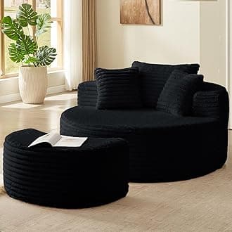 Oversized Round Chaise Lounge Chair Indoor with Ottoman, Modern Upholstered Corduroy Circle Couch with Pillows, Boneless Round Chairs for Living Room, Apartroom, Bedroom, No Assembly Required, Black