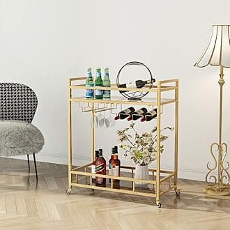 Bar Cart Gold with Bottle Storage and Wine Glass, Rolling Serving Bar Cart on Wheels Indoor & Outdoor Bar Carts for Patio, Gold Kitchen Serving Cart for Party(2-Tier)