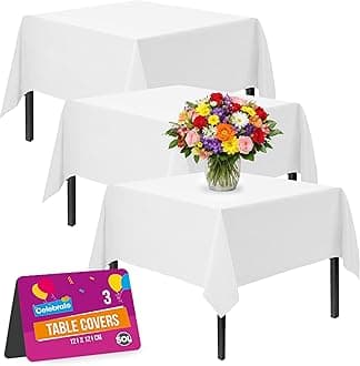 SOL 3pk White Table Cloth Party 121x121cm Plastic Cover Tablecloth Disposable for Parties - Heavy Duty Spill Protection - Opaque Design for Weddings, Buffets, Catering, Gender Reveals & Events