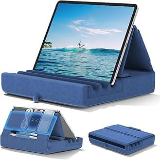 Tablet Pillow Holder, Foldable iPad Stand for Lap, Bed and Desk -Tablet Soft Pad Dock with Pocket & Stylus Mount Compatible with iPad Pro 12.9, 10.5, 9.7 Air Mini 6 5 4 3, Kindle, E-Reader, Blue