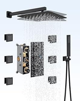 MONDAWE12" Thermostatic Full Body Shower Jets System in Wall, Rainfall Luxury Shower System with 6 Sprayer Jets, Wall Mount Rain Shower Faucet Set Complete with Rough-in Valve &Trim Kit, Matte Black