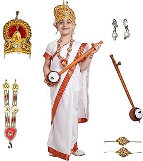 Kaku Fancy Dresses Devi Saraswati White Saree for Girls | Ready to Wear Saree | Mythological Godess Costume with Accessories - 7-8 Years
