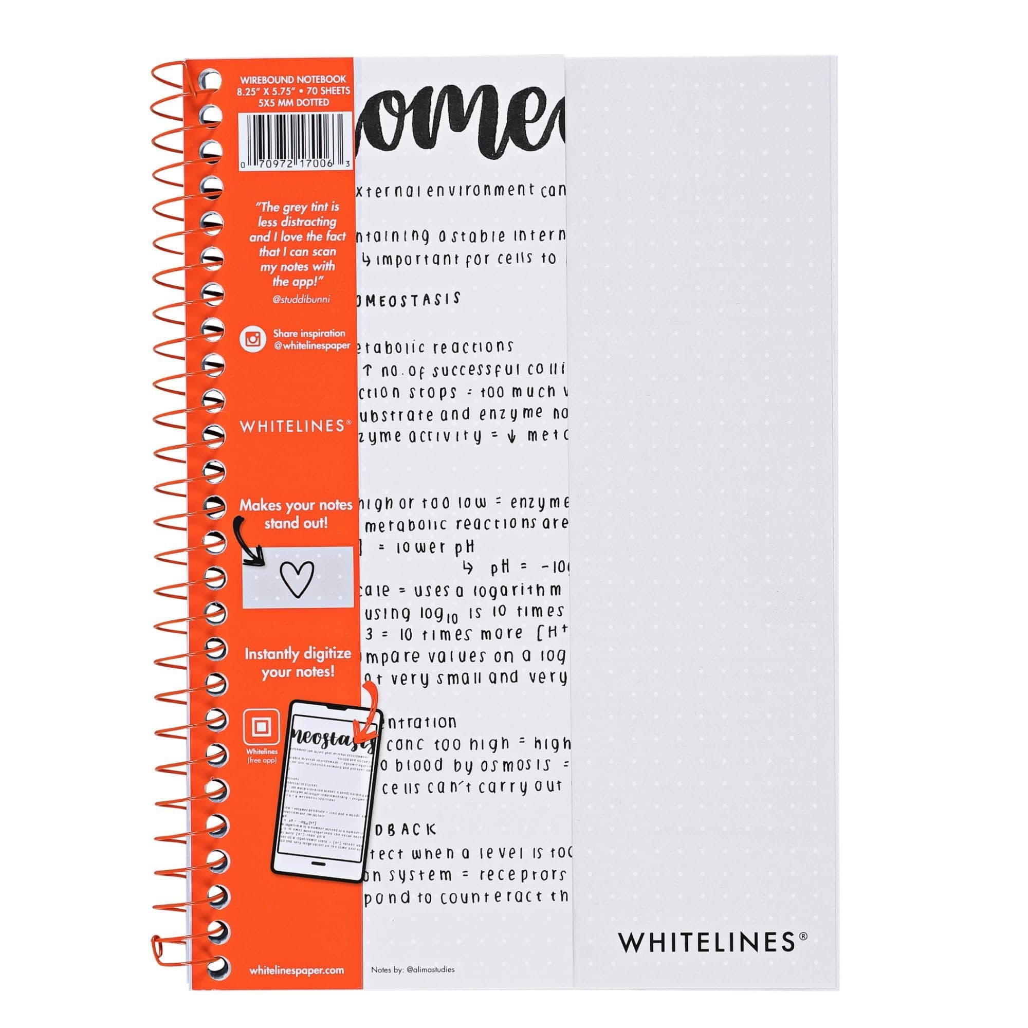 ROARING SPRING Whitelines Spiral Bound Journal, Dot Ruled, 70 Sheets, 8.25" x 5.75", FREE App to Digitally Download Your Notes