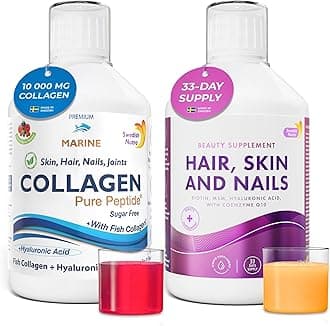 Hydrolyzed Marine Collagen & Hair, Skin & Nails Liquid Supplements - 2 x 500 ml | Peptide, Vitamins, Collagen, Biotin, MSM, Hyaluronic Acid & CoQ10 | High Absorption & Natural Flavour