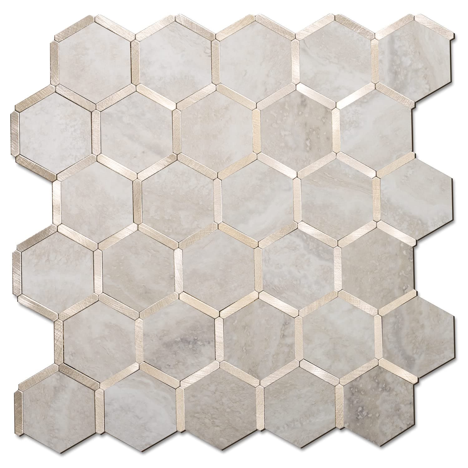 Hexagon Peel and Stick Backsplash Tile, Stick on Backsplash for Kitchen and Bathroom, Beige Marble Look PVC Mixed Metal Gold Self Adhesive Wall Tiles(Sample, Seamless)