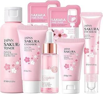 Skin Care Set Sakura Women Beauty Gift Sets Korean Skin Care Kit- Cleanser,Serum,Face Cream,Toner,Eye Cream,Mud Mask-Skin Care Routine Kit (One Size, Cherry Blossom-StyleA-Bae Moisturizing)