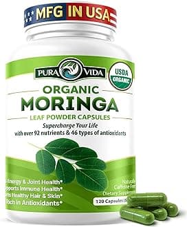 PURA VIDA MORINGA Organic Moringa Capsules, Pure Moringa Leaf Powder Single Origin for Energy, Metabolism & Immune Support, 120ct, 500mg Caps