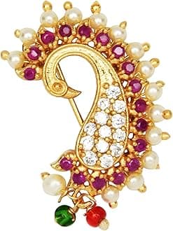 ACCESSHER Gold Plated Traditional American Diamond Embellished Non Piercing/Clip On Peacock Design Maharashtrian Nath/Nose Ring for Women and Girls Pack of 1