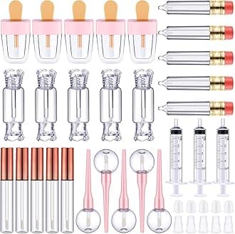 Maitys 30 Pcs Lip Gloss Tubes Tools Set, 5 Styles Empty Lip Gloss Tubes Include Ice Cream Candy Lollipop Pencil Cylinder Shaped Lips Balm Containers with 5 Plastic Syringe for Lipgloss Making Kit DIY