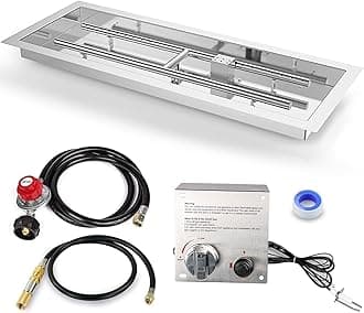 GRISUN Drop-in Fire Pit Kit 36 x 12 Inch, H-Shape Burner with Pan, Comes with Upgraded Spark Ignition Kit for Gas Fire Pit, Fire Pit Table Insert Stainless Steel for Indoor Outdoor Decoration