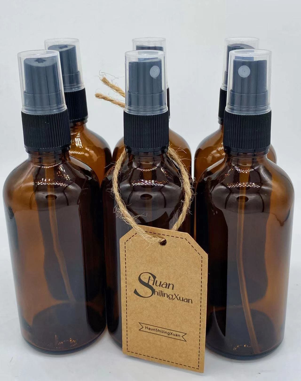 6 Pack Empty Amber Glass Spray Bottles, Refillable Containers for Essential Oils, Cleaning Products, Aromatherapy, Durable Black Trigger Sprayer Fine Mist (100ml)