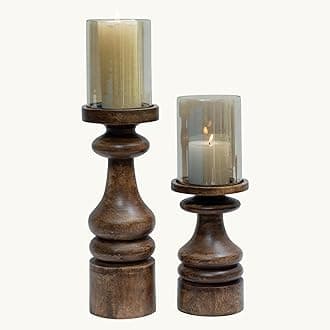 Wooden Candle Holder Stand - Set of 2 Mango Wood Candle Stands for Home Decor with Glass, Dining Table Centerpiece, Round Pillar Candle Holder, Decorative Candle Stands for Home Decor