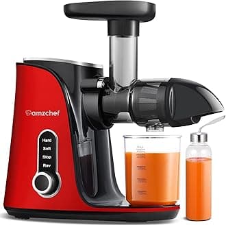 Juicer Machines, AMZCHEF Slow Cold Press Juicer with 2 Speed Modes, Travel bottles(500ML), LED display, Easy to Clean Brush & Quiet Motor for Vegetables & Fruits, Red