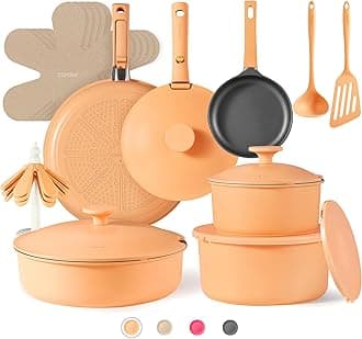 CAROTE 24pcs Pots and Pans Set Non Stick, Nonstick Cookware Set, Oven/Dishwasher/Fridge Safe Pots and Pans, RV Safe Cookware, Induction Kitchen Gift Set Detachable Handle, Peach