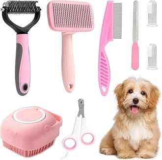 8-piece dog brush grooming set, pet self-cleaning set, with pet nail clippers and files, flea comb, pet shampoo bath brush, Pink and Blue colour variation set (Pink)