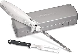Electric Knife Set for Carving Meats, Poultry, Bread, Crafting Foam & More, Reciprocating Serrated Stainless Steel Blades, Ergonomic Design Storage Case + Fork Included, 5Ft Cord, White