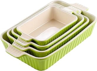 Bakeware Set of 4, Porcelain Baking Pans Set for Oven, Casserole Dish, Ceramic Rectangular Baking Dish Lasagna Pans for Cooking Cake Kitchen, Green (9.4"/11.1"/12.2"/14.7"), Series BAKE.BAKE