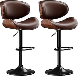 Bar Stools Set of 2, Adjustable Swivel Leather Bar Stools for Kitchen Island, Mid Century Modern Counter Height Bar Chairs Barstools with Back & Footrest (Brown)