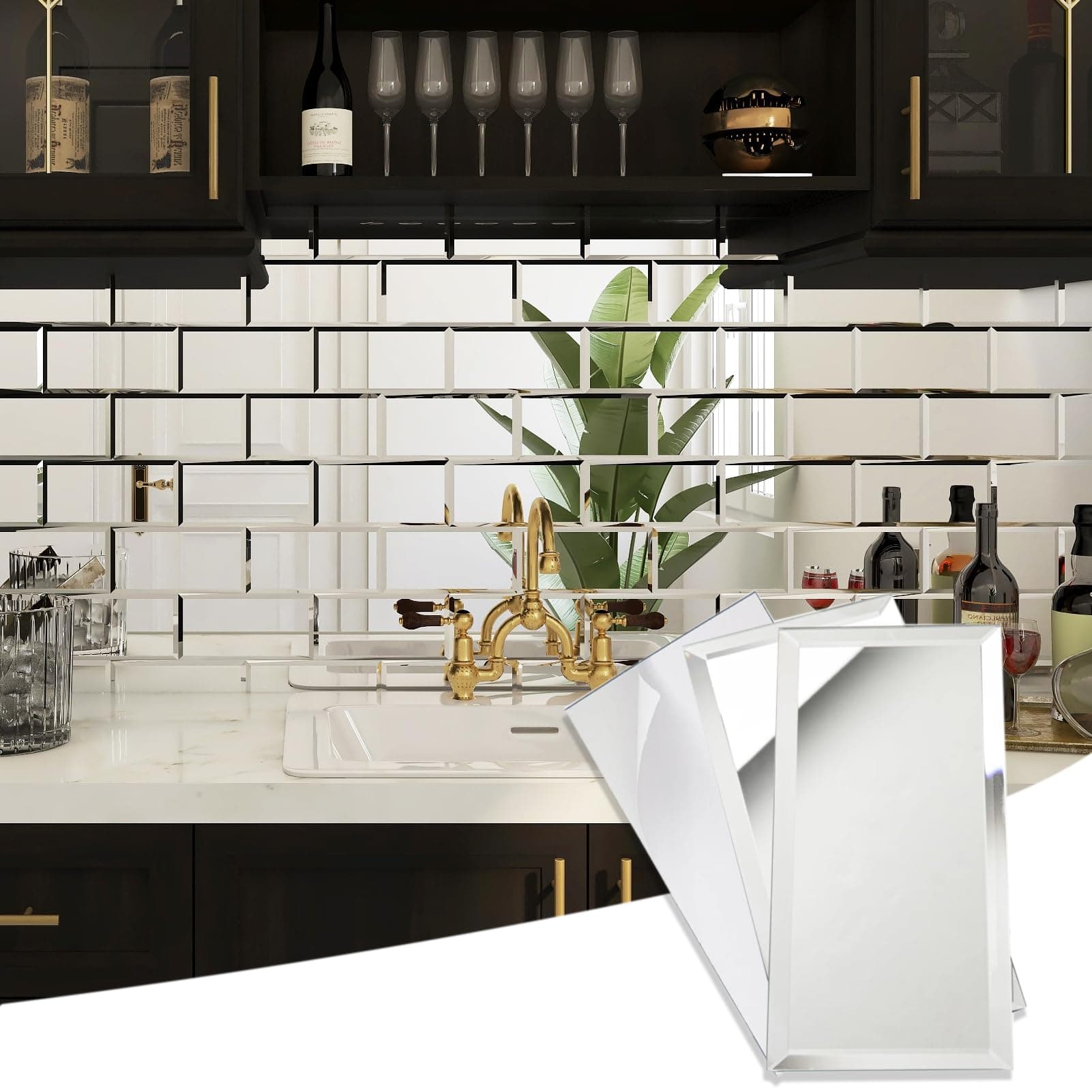 Diflart Peel and Stick Mirror Subway Tiles, Silver, 3x6 Inch, Beveled Mirror Backsplash for Kitchen Bar Bathroom Wall Tile (5 Sq.ft, 40 Pcs)