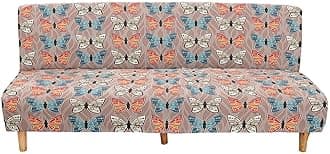 Mateju Armless Sofa Bed Cover, Butterfly Pattern Folding Sofa Bed without Armrests, Non Slip Stretch Futon Slipcover Protector for 2-3 Seater, Washable Couch Bed Slipcovers (Light Brown,190-230cm)