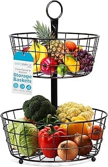 BIRDROCK HOME 2 Tier Wire Fruit Basket | Round Metal Standing Baskets | Fruit Vegetable Garlic Caddy | Freestanding Rustic Decorative Basket