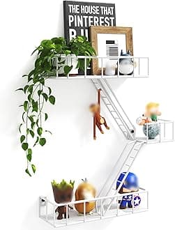 Fire Escape Wall shelf with Baskets, 3-Tier Metal Ladder Organizer, New York Inspired Decorative Shelf, White Floating Action Figurine Display