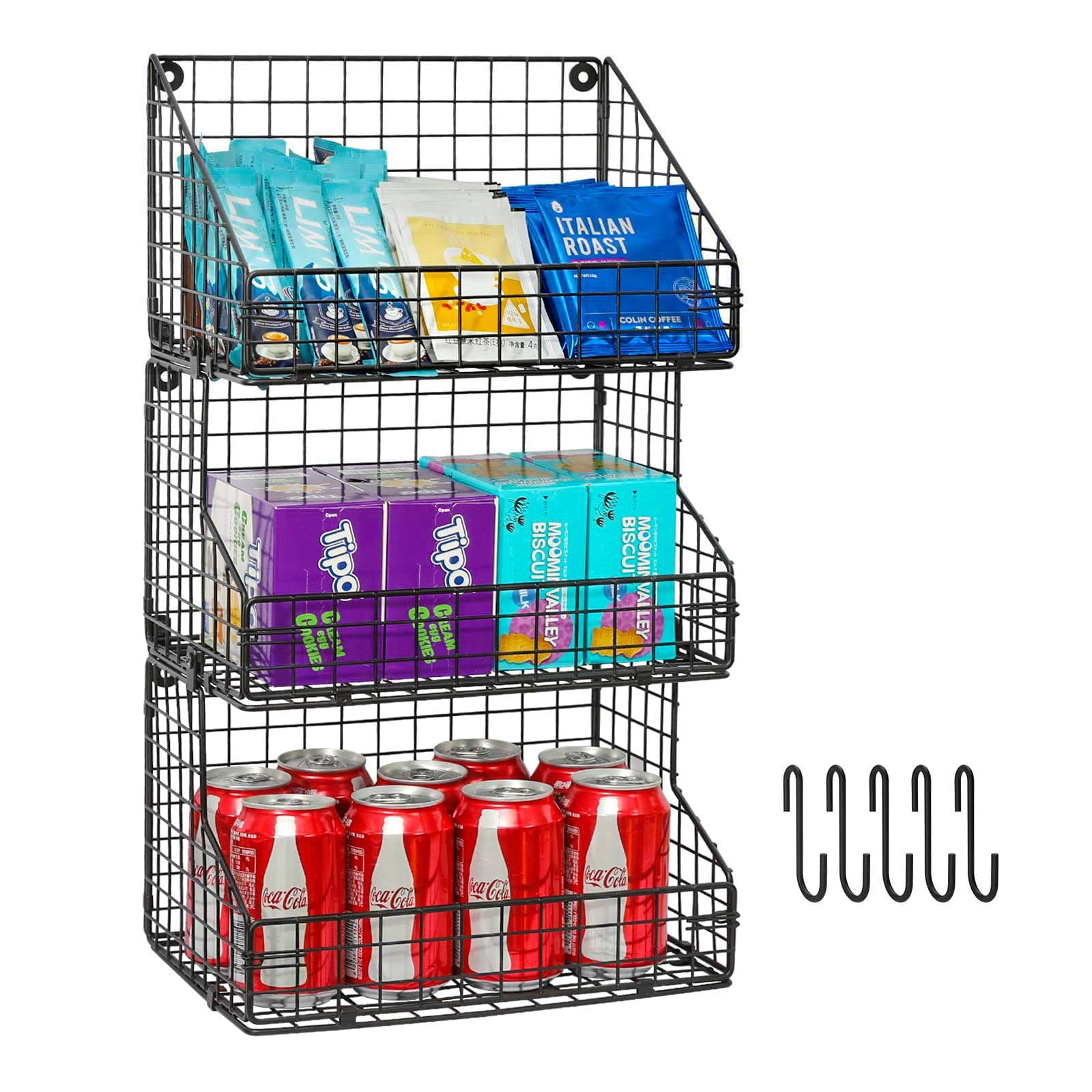 X-cosrack 3-Tier Stackable Detachable Snack Organizer (Large Size), Countertop Display/Wall Mounted Shelf with 5 Hooks Wire Basket Snack Shelf for Office Cabinets, Kitchen, Pantry, 11.8x7.8x22 Inch