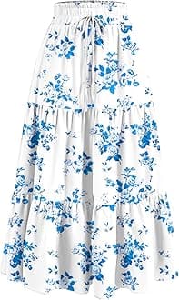 Maxi Skirts for Women Summer Boho Floral High Waisted Skirts Flowy Swing Pleated A-Line Beach Tiered Long Skirts