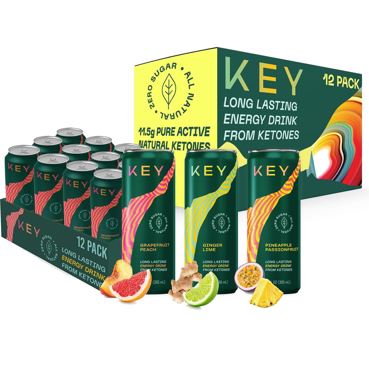 - KEY 24-Pack Combo Bundle - Ketone Energy Drink - Variety Pack 12pk & Grapefruit Peach 12pk - Sugar Free, All Natural, Long Lasting Energy