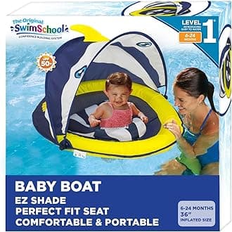 SwimSchool Infant Baby Pool Floats, Free Swimming, Super Buoyant – Ages 6-24 Months – Multiple Colors/Styles – Adjustable Canopies and Seats, Splash & Play Baby Floaties