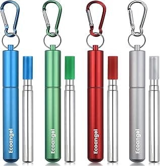 4-Pack Collapsible Stainless Steel Drinking Straws with Aluminum Case, Cleaning Brush, and Keychains - Silver, Blue, Red, Green