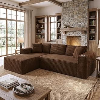 Shintenchi Small Convertible Sectional Couch with Ottoman, 3 Seat L Shaped Fabric Couches, Modern Upholstered Sofa, Small Sofa Couch for Apartments, Living Room and Office (Brown)
