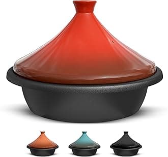 Kook Moroccan Tagine, Enameled Cast Iron Cooking Pot, Tajine with Ceramic Cone-Shaped Closed Lid, 3.3 QT (Crimson)