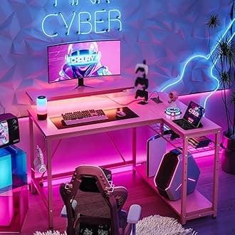 Pink Computer Desk with Power Outlets,42 LED Small Gaming Corner Desk with Reversible Storage Shelves,L Shaped Desk with Headset Hooks Studying and Workstation Desk for Office and Bedroom