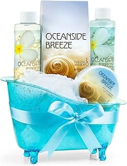Home Spa Bath Basket Fresh Aquatic Oceanside Breeze Spa Set For Women Bath & Body Set For Women Shower Gel, Bubble Bath, Body Lotion, etc Puff in Blue Tub Luxury Body Care Mothers Day Gifts for Mom