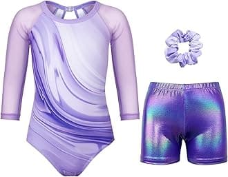 JOYSTREAM Girls Sparkly Ballet Dance Long Mesh Sleeve Leotard with Shorts