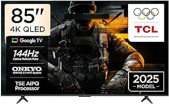 – TCL 85T8C Television 85 Inch Smart TV 4K QLED Colorful Quantum Crystal HDR 10+ Gaming Google TV, 144Hz Native Refresh Rate, ONKYO 2.1 Hi-Fi, Dolby Atmos, DTS Virtual X, MEMC, Game Master (2025 Model)