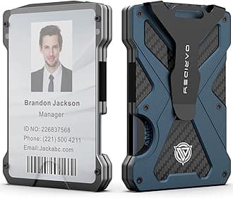 Minimalist Wallet for Men- Slim Aluminum Metal Money Clip Wallet with Clear ID Card Holder, Carbon Fiber Wallet, RFID Blocking, Holds up 15 Cards with Cash Clip, Ultra-Thin Tactical Wallet-Navy Blue